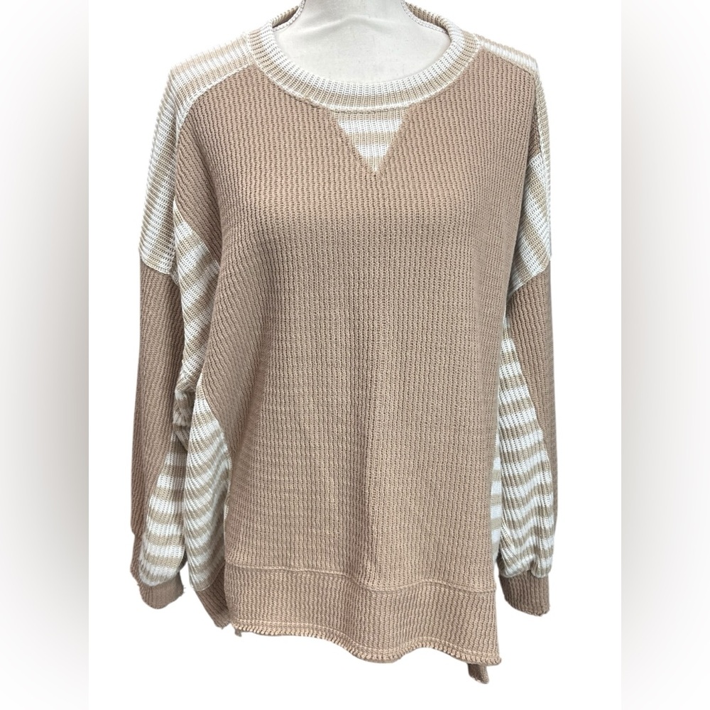 BiBi Waffle Knit Oversized Sweater Large Tan Cream Striped Boho Cozy Pullover - Picture 2 of 8